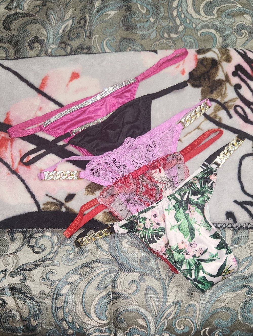 Victoria's Secret Mixed Floral, Lace & Solid Thongs in Pink, Black, Red, Green
